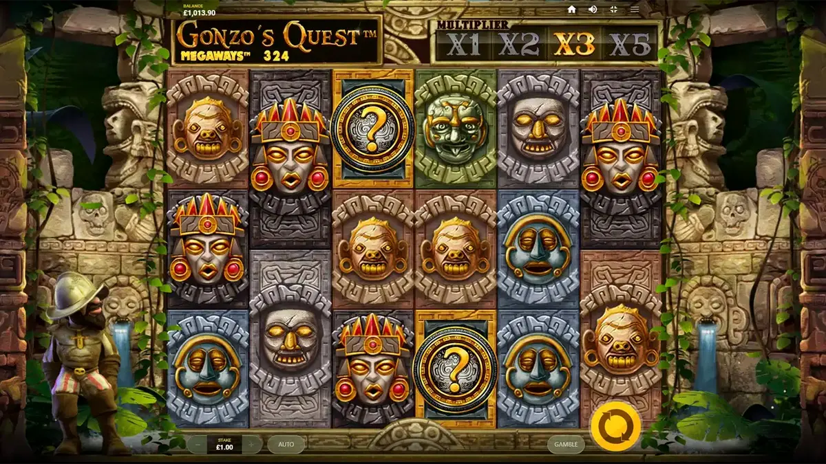 Gonzo’s Quest Megaways slot gameplay dengan latar belakang reruntuhan kuno dan mekanisme Megaways