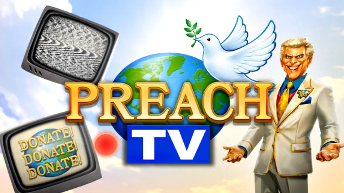 Tampilan layar utama slot Preach TV dengan desain studio televisi retro 90-an.