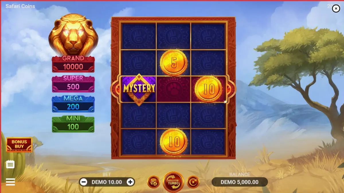 Pemandangan sabana Afrika dalam slot Safari Coins