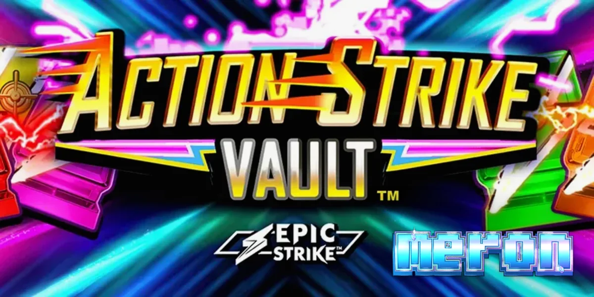 Tampilan visual slot Action Strike Vault dengan tema neon kosmik dan kasino.